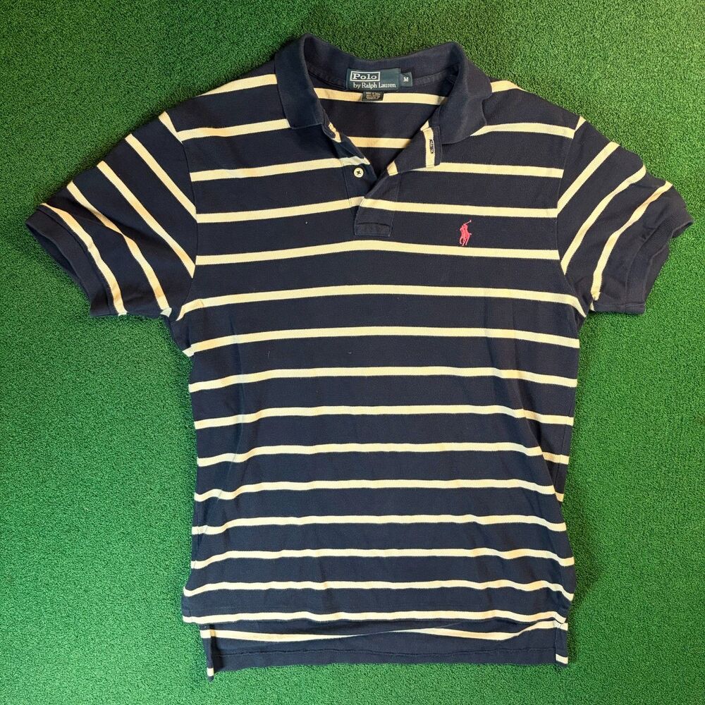 Size M Mens – Polo Ralph Lauren Navy Cream Striped Pony Logo Polo Shirt
